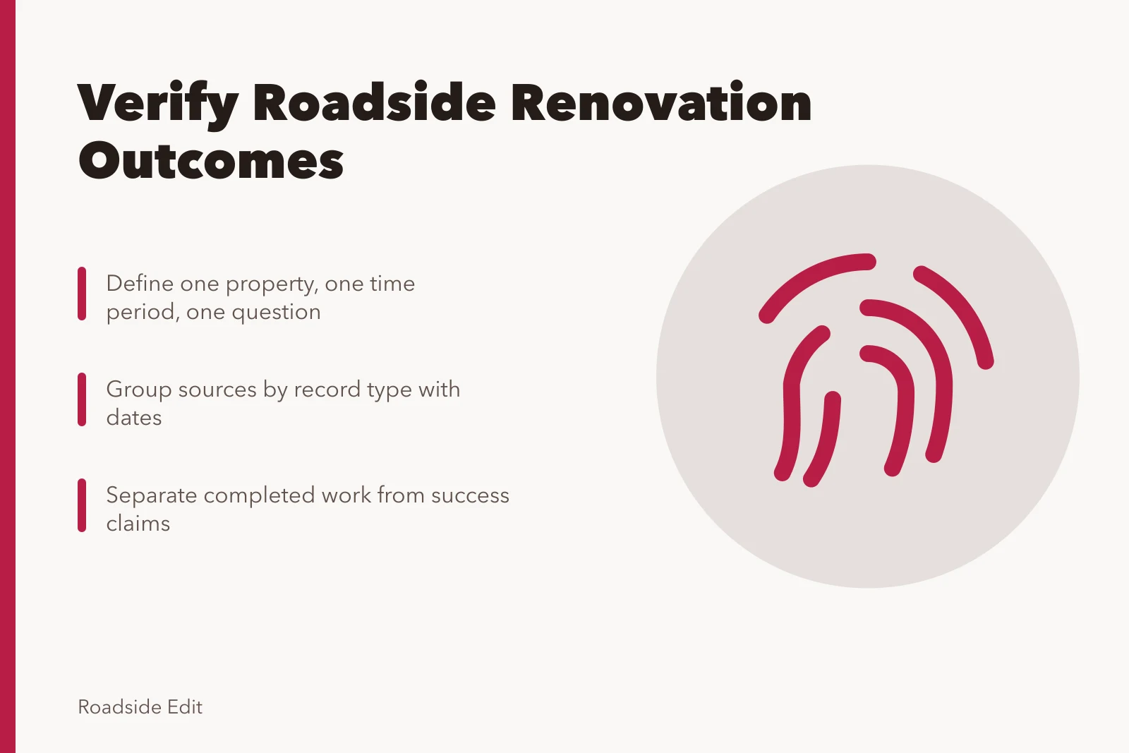 Checklist card for verifying roadside renovation case study sources and outcomes. Roadside renovation case study checklist: how to verify outcomes and sources
