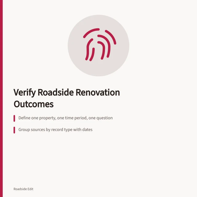 Checklist card for verifying roadside renovation case study sources and outcomes. Roadside renovation case study checklist: how to verify outcomes and sources