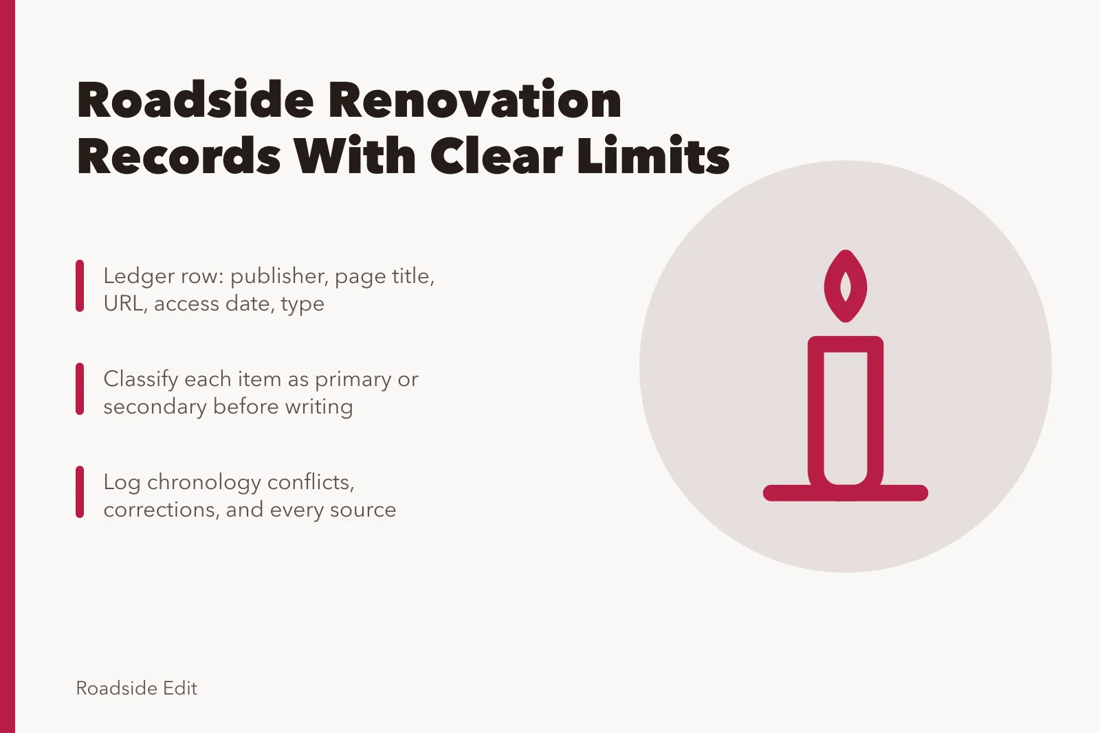 Card listing source ledger, classification, and chronology conflict steps for roadside renovation records. How to organize roadside renovation case study records with clear limits