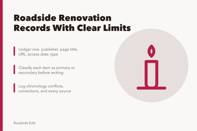 Card listing source ledger, classification, and chronology conflict steps for roadside renovation records. How to organize roadside renovation case study records with clear limits