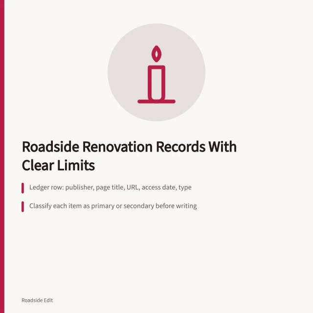 Card listing source ledger, classification, and chronology conflict steps for roadside renovation records. How to organize roadside renovation case study records with clear limits