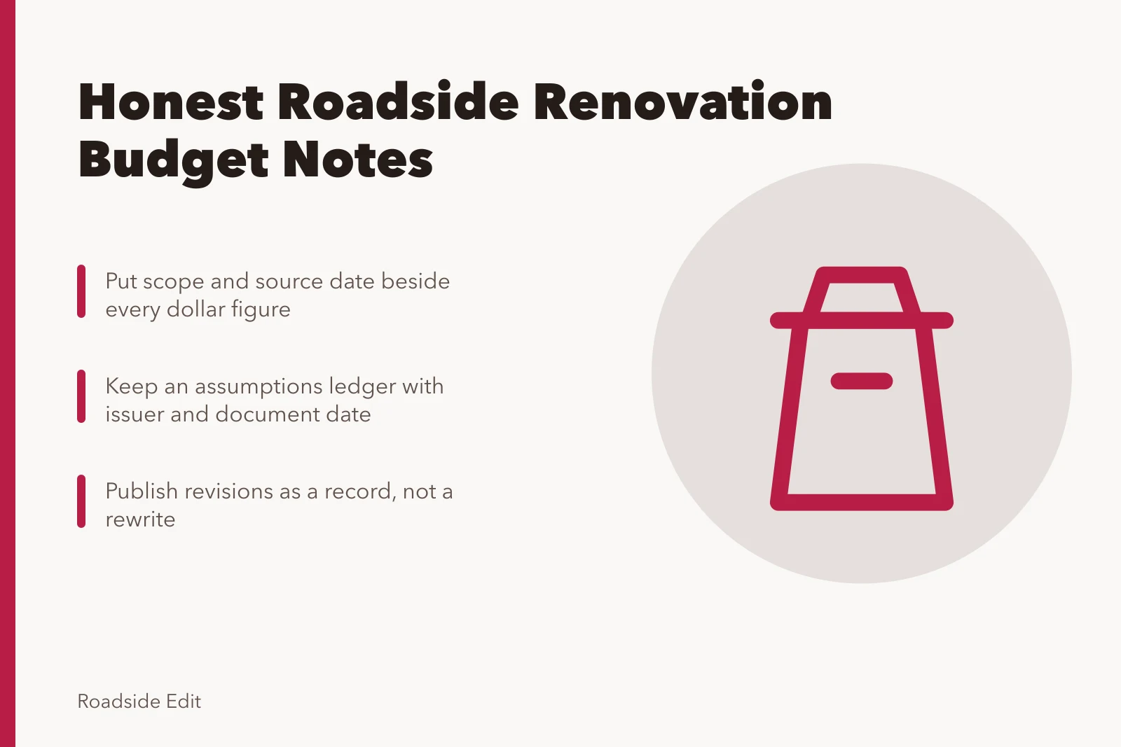 Card listing three rules for honest roadside renovation budget notes. Roadside renovation cost planning: how to keep budget notes honest