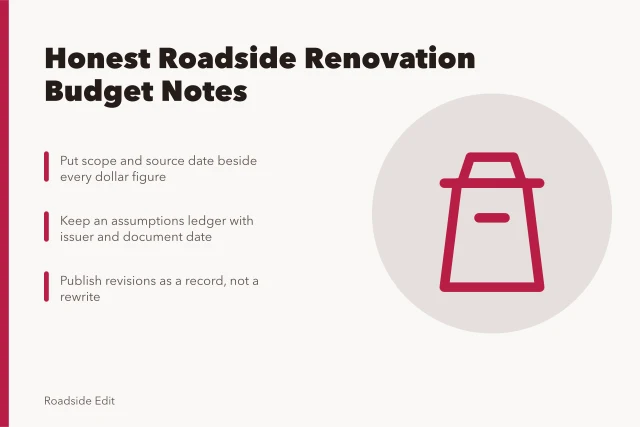 Card listing three rules for honest roadside renovation budget notes. Roadside renovation cost planning: how to keep budget notes honest