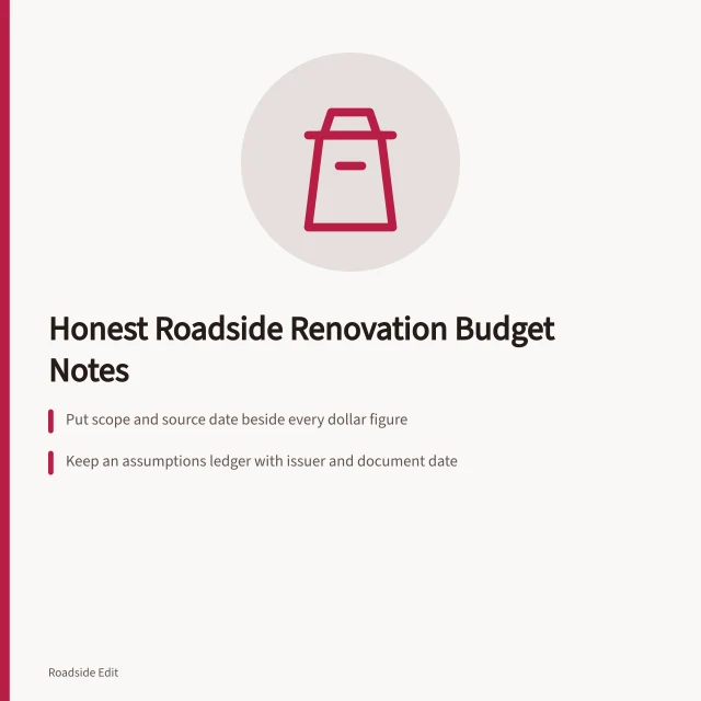 Card listing three rules for honest roadside renovation budget notes. Roadside renovation cost planning: how to keep budget notes honest