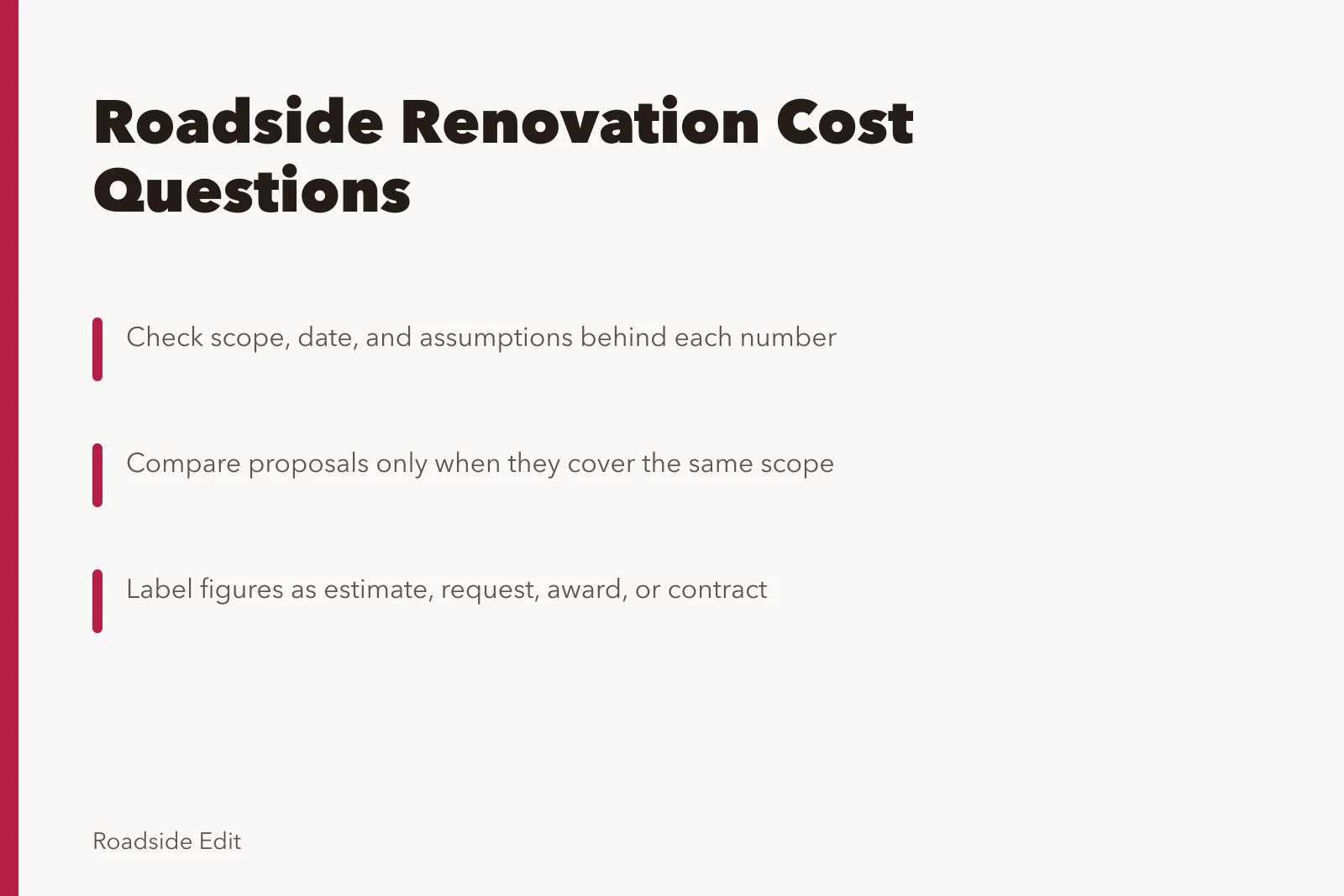 Card comparing roadside renovation cost questions and proposal labels. Roadside renovation cost questions to ask before you compare quotes