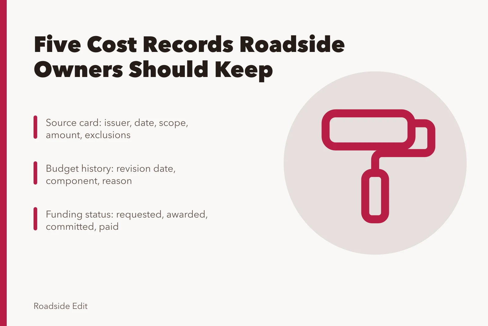 Card listing five cost records for roadside renovation planning. Roadside renovation cost planning: five records every owner should keep