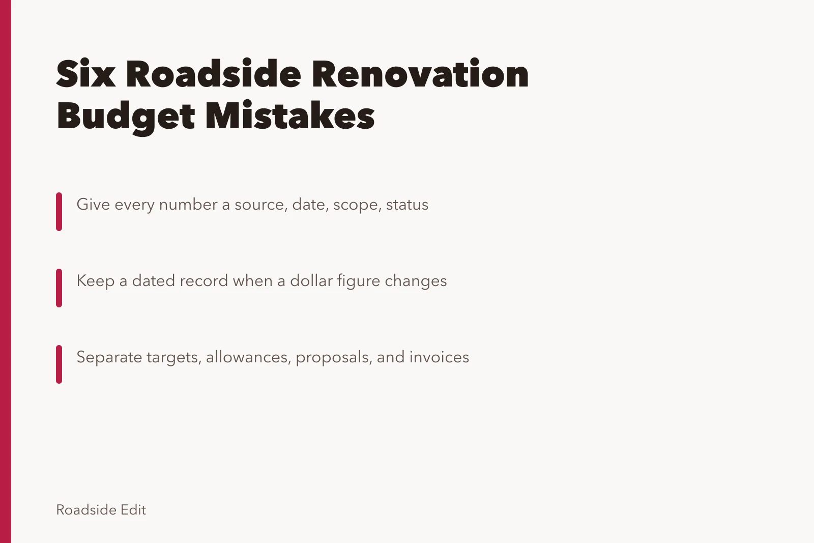 Card listing six roadside renovation budget mistakes and record-keeping fixes. Before you publish roadside renovation budget notes, fix these six mistakes