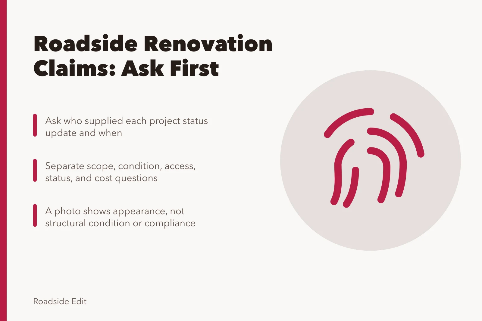 Checklist card for verifying roadside renovation claims before publishing. Roadside renovation mistake prevention questions to ask before you file