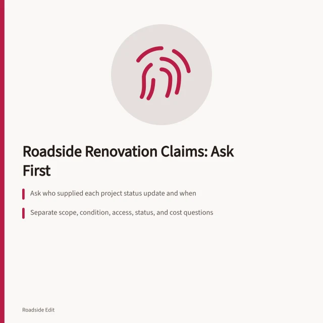 Checklist card for verifying roadside renovation claims before publishing. Roadside renovation mistake prevention questions to ask before you file