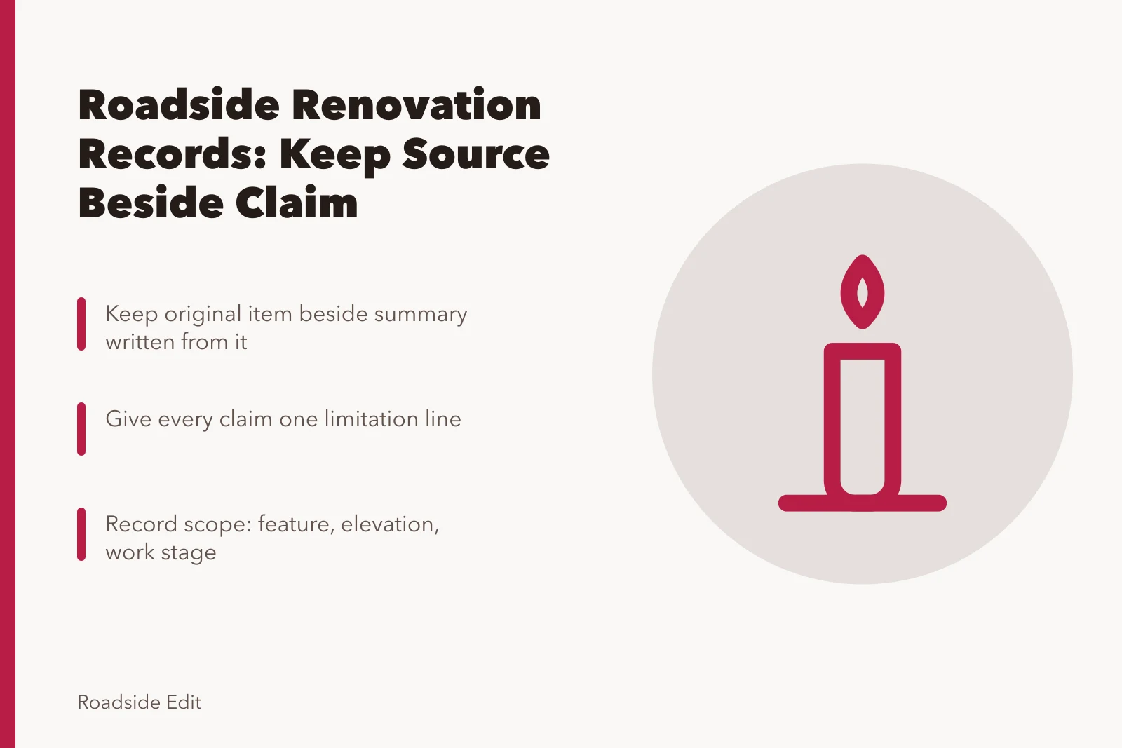 Card on roadside renovation records, scope limits, and evidence ledgers. Roadside renovation mistake prevention records: what to keep and why