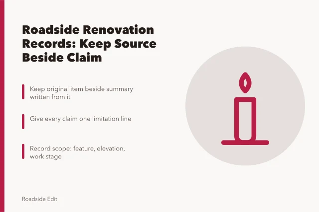 Card on roadside renovation records, scope limits, and evidence ledgers. Roadside renovation mistake prevention records: what to keep and why