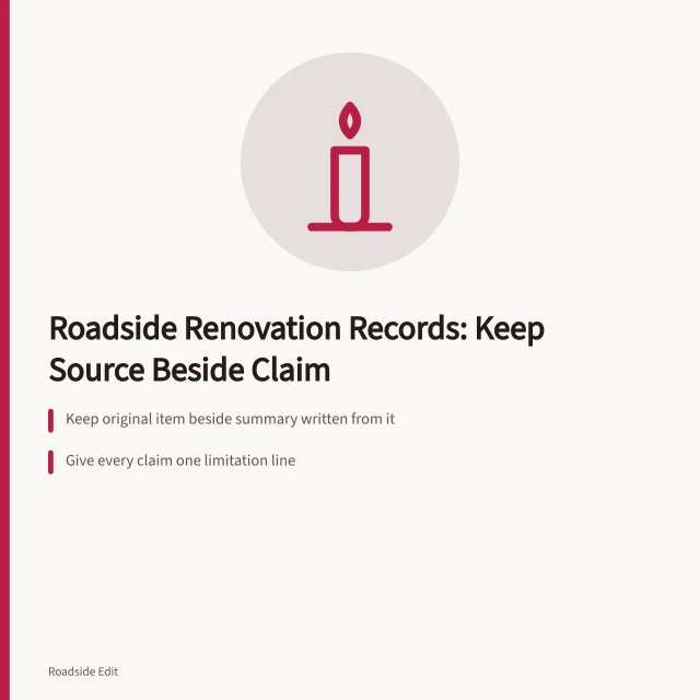 Card on roadside renovation records, scope limits, and evidence ledgers. Roadside renovation mistake prevention records: what to keep and why