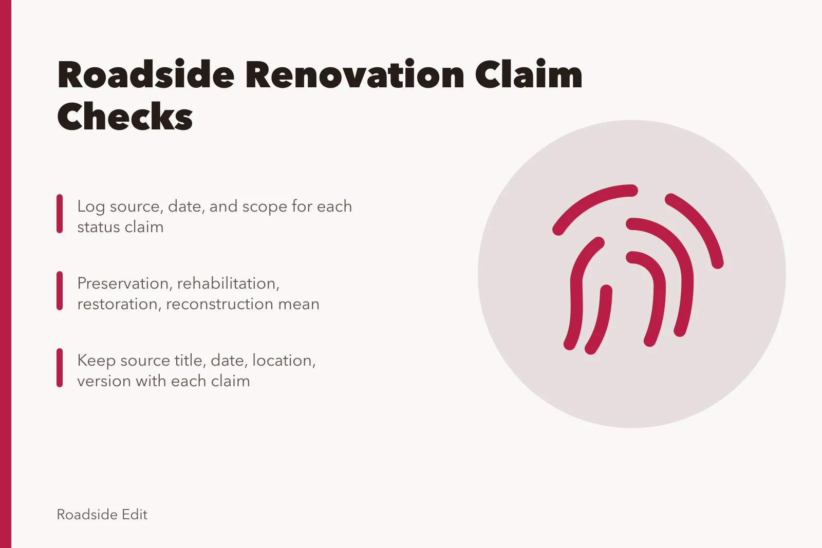 Checklist card for verifying roadside renovation claims and records. Roadside renovation mistake prevention checklist for newsrooms