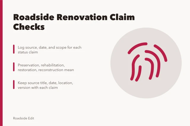 Checklist card for verifying roadside renovation claims and records. Roadside renovation mistake prevention checklist for newsrooms