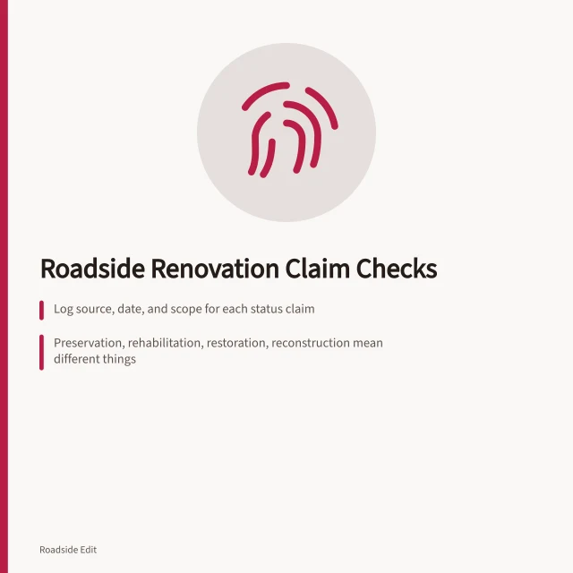 Checklist card for verifying roadside renovation claims and records. Roadside renovation mistake prevention checklist for newsrooms