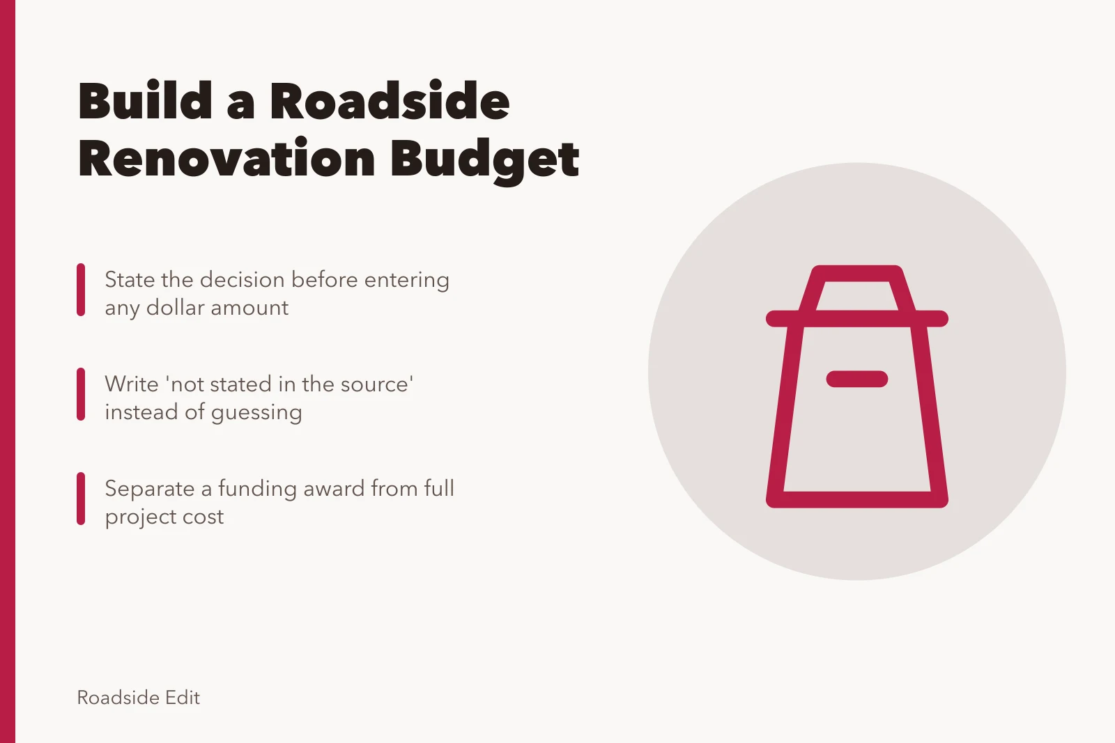Card on roadside renovation budget planning with scope, assumptions, and funding notes. Roadside renovation planning: how to build a budget you can defend