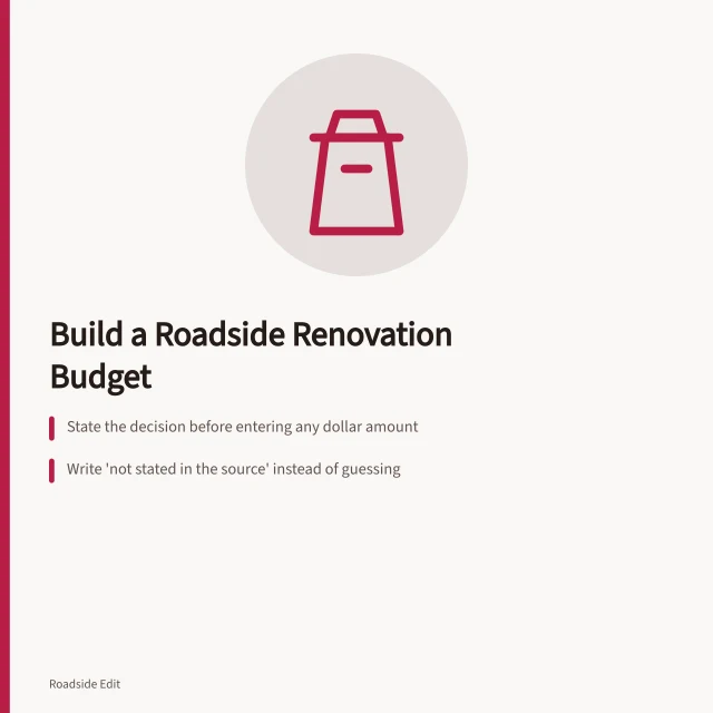 Card on roadside renovation budget planning with scope, assumptions, and funding notes. Roadside renovation planning: how to build a budget you can defend