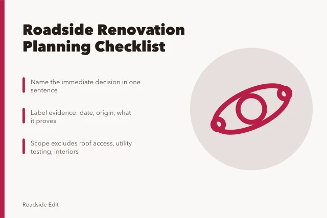 Roadside renovation planning checklist with scope, evidence log, and constraints. Roadside renovation planning checklist: scope the work before you collect anything