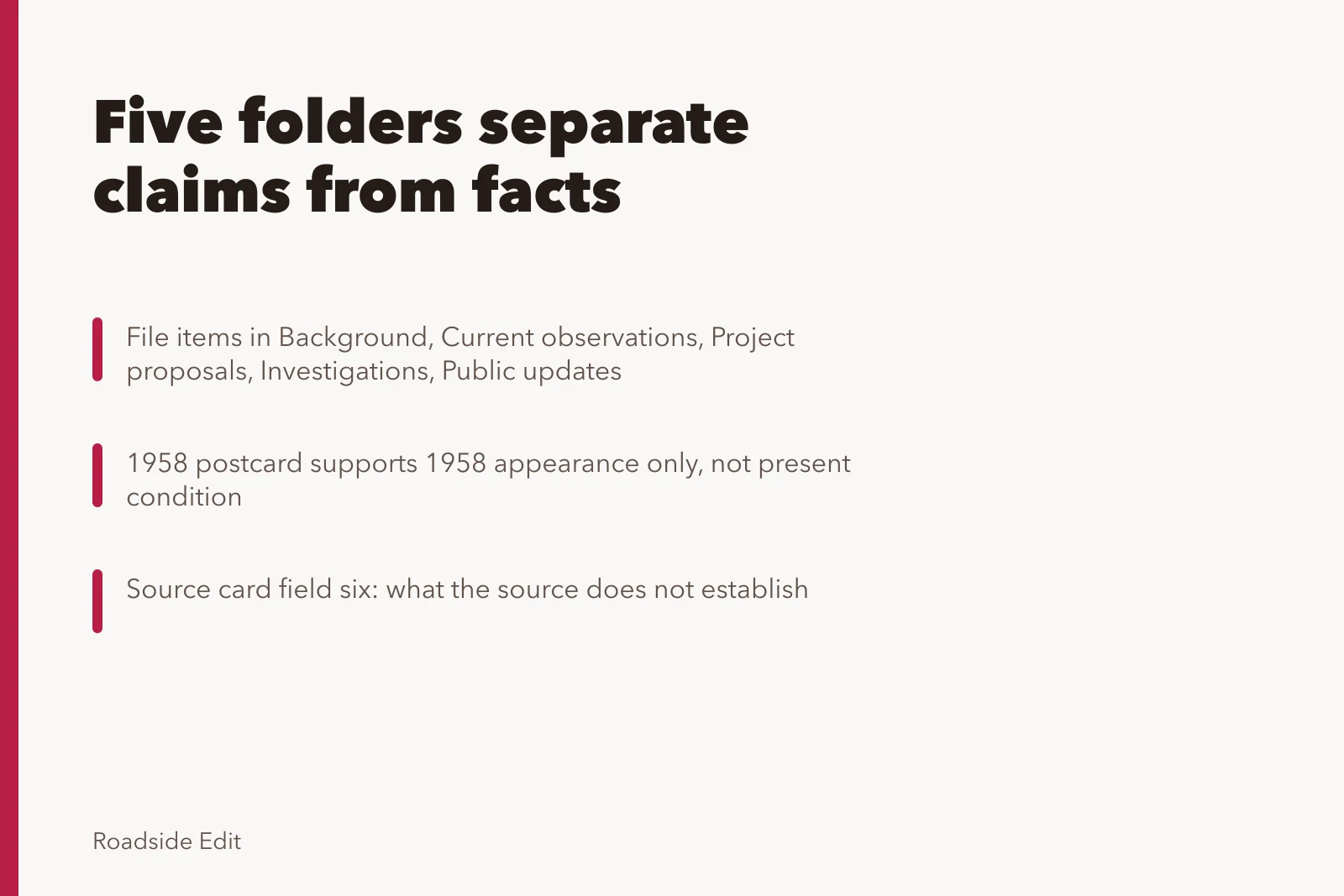 Card listing five folders and source card rules for roadside renovation records. How to build roadside renovation planning records that separate claims from facts