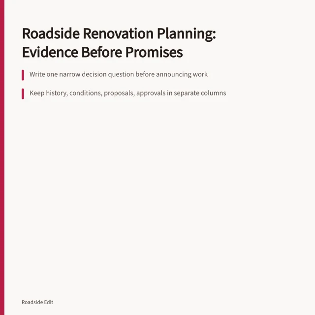 Planning card for roadside renovation workflow separating evidence, budgets, and approvals. How a roadside renovation planning workflow keeps budgets and approvals honest