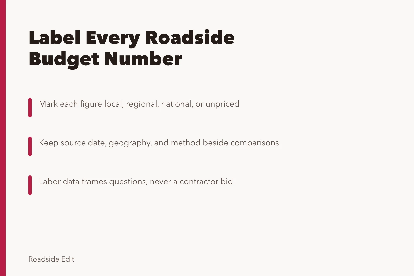Card comparing regional roadside renovation budget notes, data labels, and labor sources. How to compare regional roadside renovation budget notes before you publish