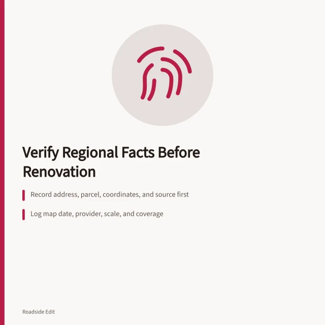 Checklist card for verifying roadside renovation regional facts and sources. Before you file a roadside renovation checklist, verify the regional facts