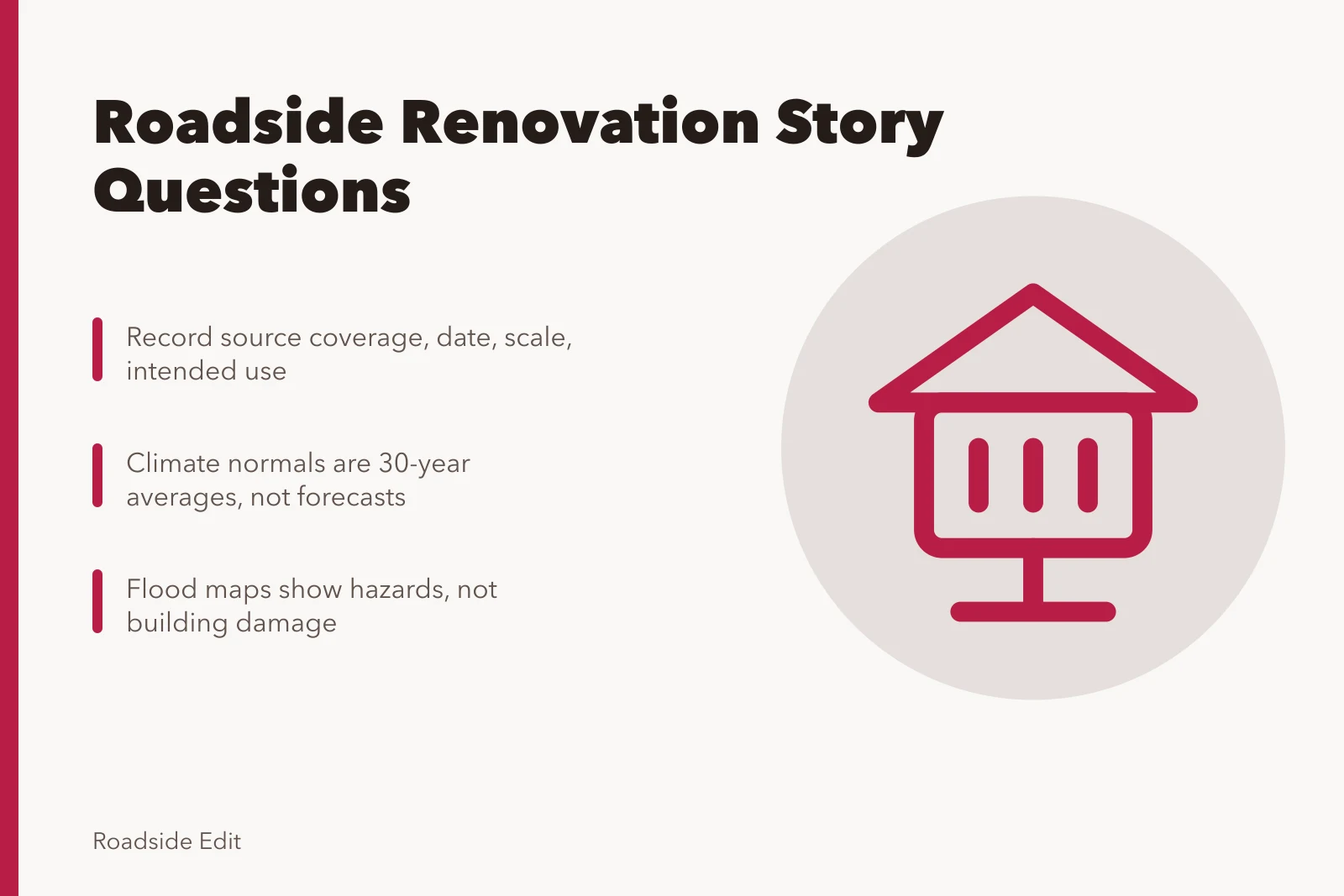 Signpost icon for roadside renovation regional reporting questions. Roadside renovation questions to ask before you publish a regional story