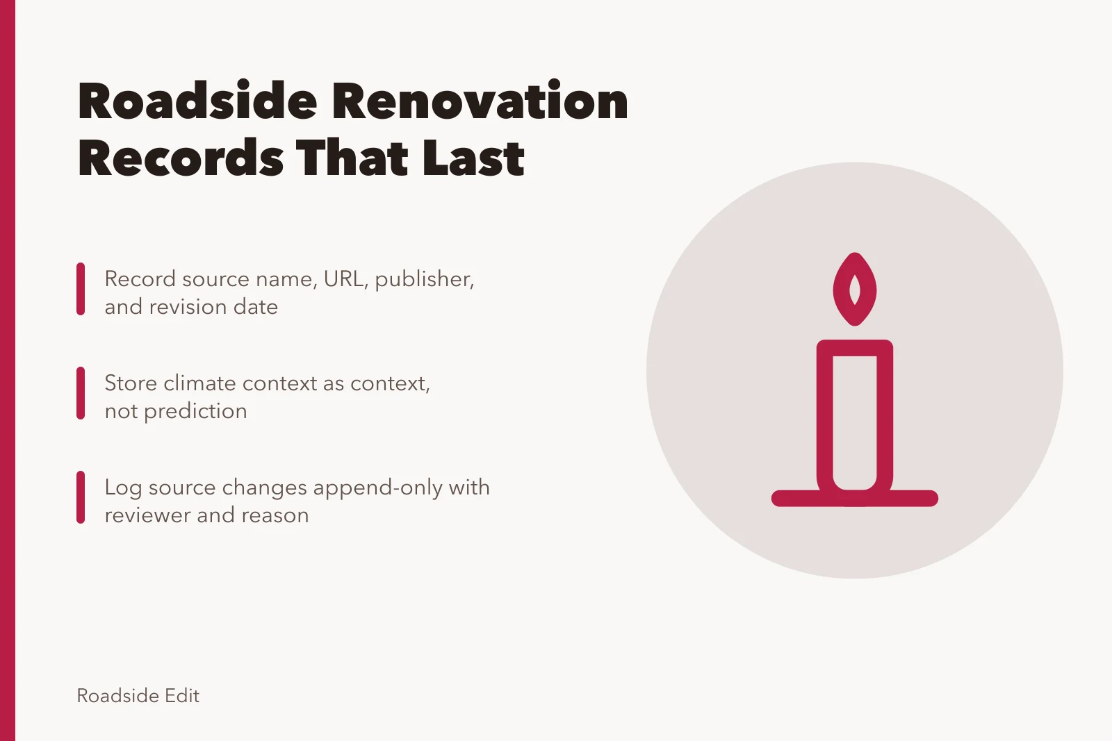 Card listing steps for keeping roadside renovation regional source records. How to build roadside renovation regional adaptation records that last