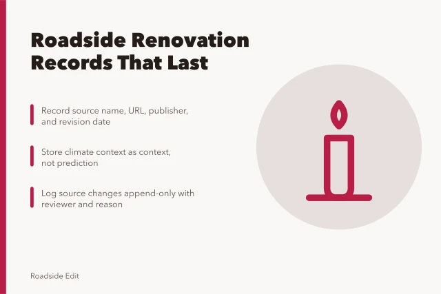 Card listing steps for keeping roadside renovation regional source records. How to build roadside renovation regional adaptation records that last