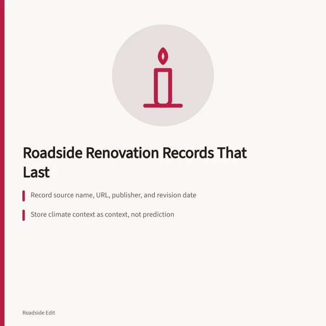 Card listing steps for keeping roadside renovation regional source records. How to build roadside renovation regional adaptation records that last