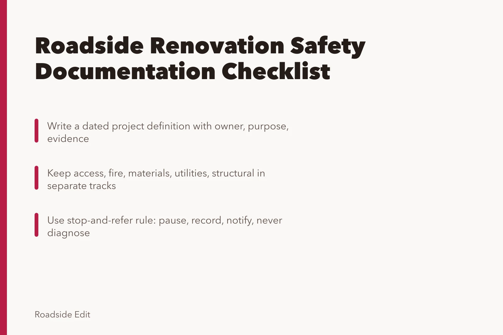 Checklist card for documenting roadside renovation hazards before work begins. Roadside renovation safety checklist: what to document before work starts