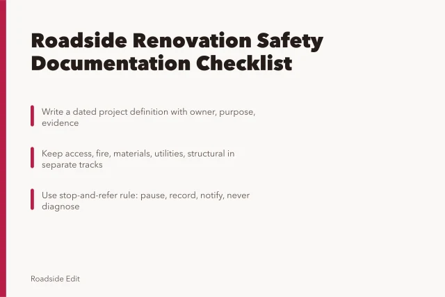 Checklist card for documenting roadside renovation hazards before work begins. Roadside renovation safety checklist: what to document before work starts