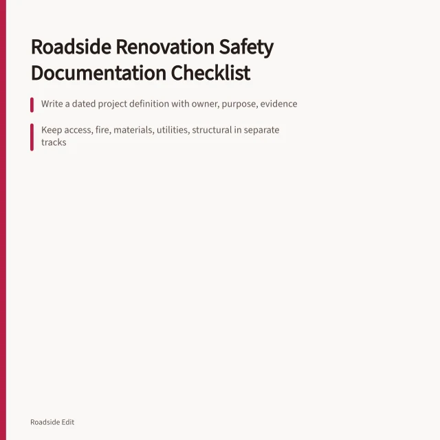Checklist card for documenting roadside renovation hazards before work begins. Roadside renovation safety checklist: what to document before work starts