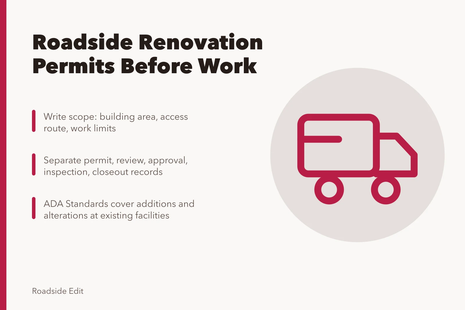 Checklist card for roadside renovation permits, review tracks, and ADA scope. Roadside renovation permit and safety checklist: what to settle before work starts