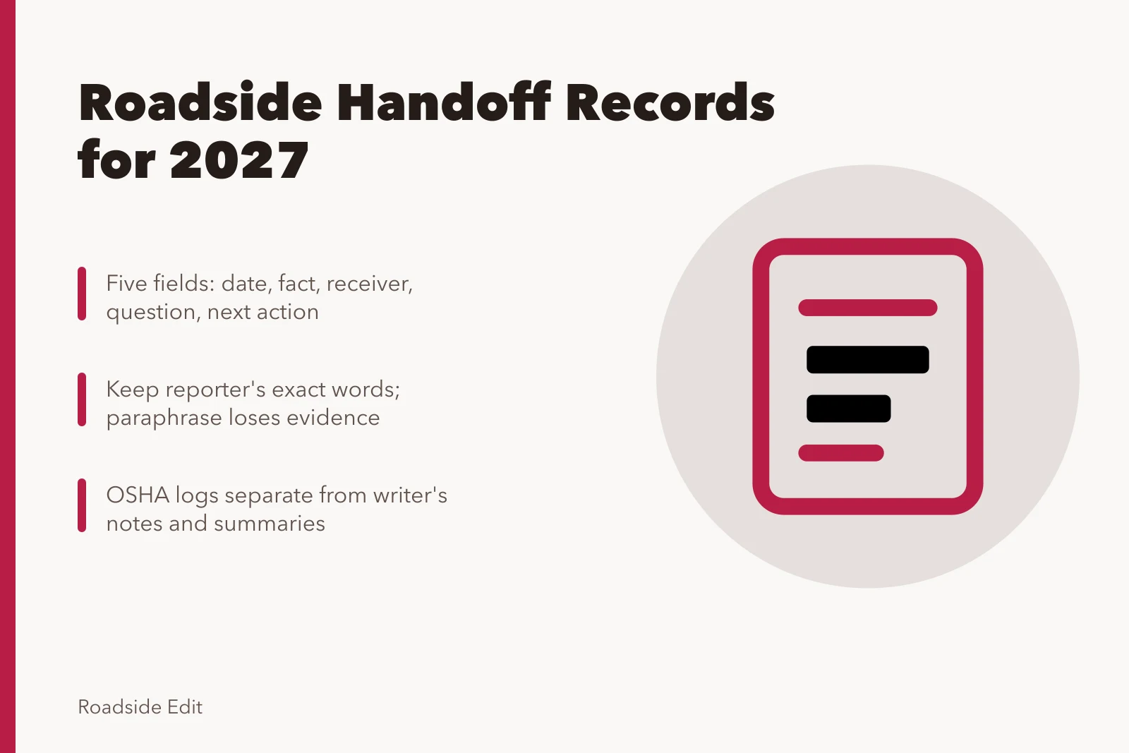 Card listing five-field roadside handoff record steps and OSHA recordkeeping split. Roadside Renovation Safety Records for 2027