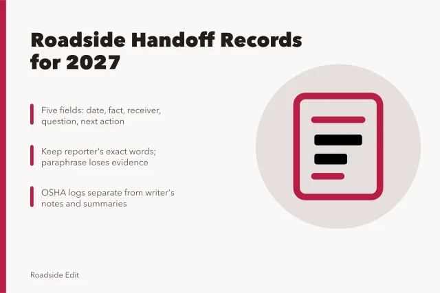 Card listing five-field roadside handoff record steps and OSHA recordkeeping split. Roadside Renovation Safety Records for 2027