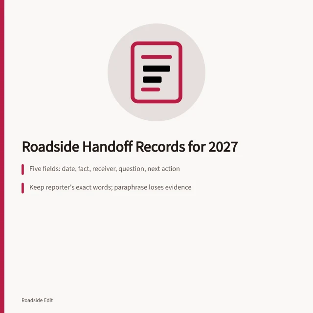Card listing five-field roadside handoff record steps and OSHA recordkeeping split. Roadside Renovation Safety Records for 2027