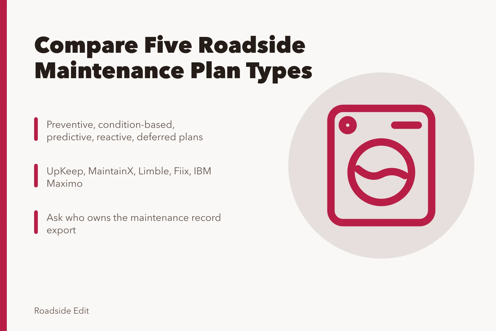 Card comparing five maintenance plan types and named CMMS tools. Roadside design studios: maintenance plan comparison questions to ask first