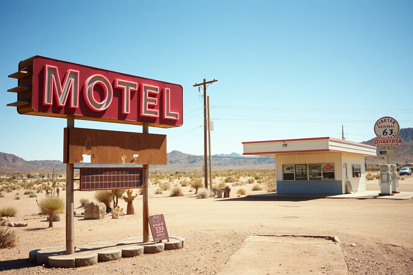 Weathered neon motel sign and gas station along a dry Route 66 roadside. Route 66 preservation in eight states compared by climate and state law