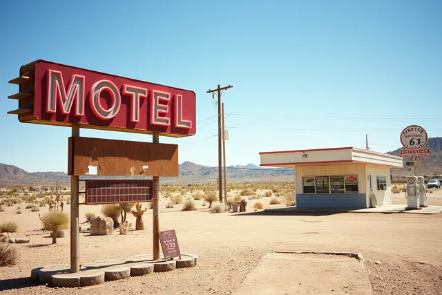 Weathered neon motel sign and gas station along a dry Route 66 roadside. Route 66 preservation in eight states compared by climate and state law