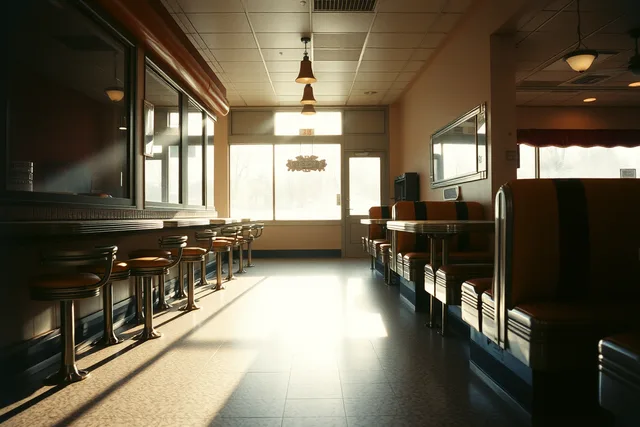 Low winter sun raking across a vintage Midwest diner interior, condensation on the windows. Winter interior documentation of Upper Midwest diners in Illinois and Minnesota
