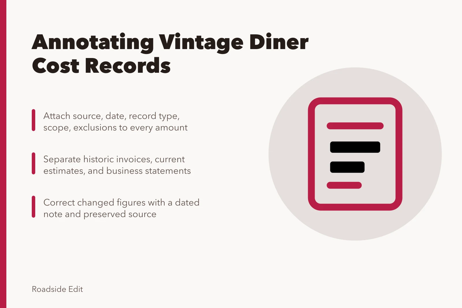 Card on annotating vintage diner cost budget records with sources and dates. How to write cost budget notes on vintage diner interiors records