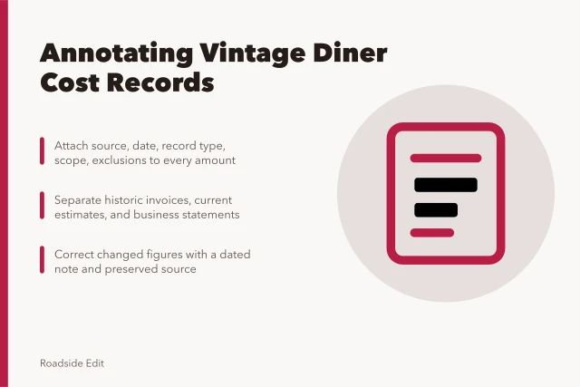 Card on annotating vintage diner cost budget records with sources and dates. How to write cost budget notes on vintage diner interiors records