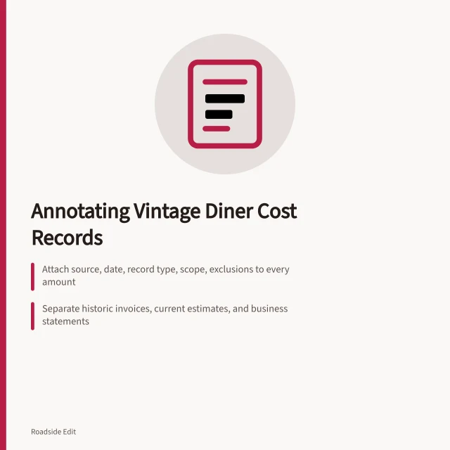 Card on annotating vintage diner cost budget records with sources and dates. How to write cost budget notes on vintage diner interiors records