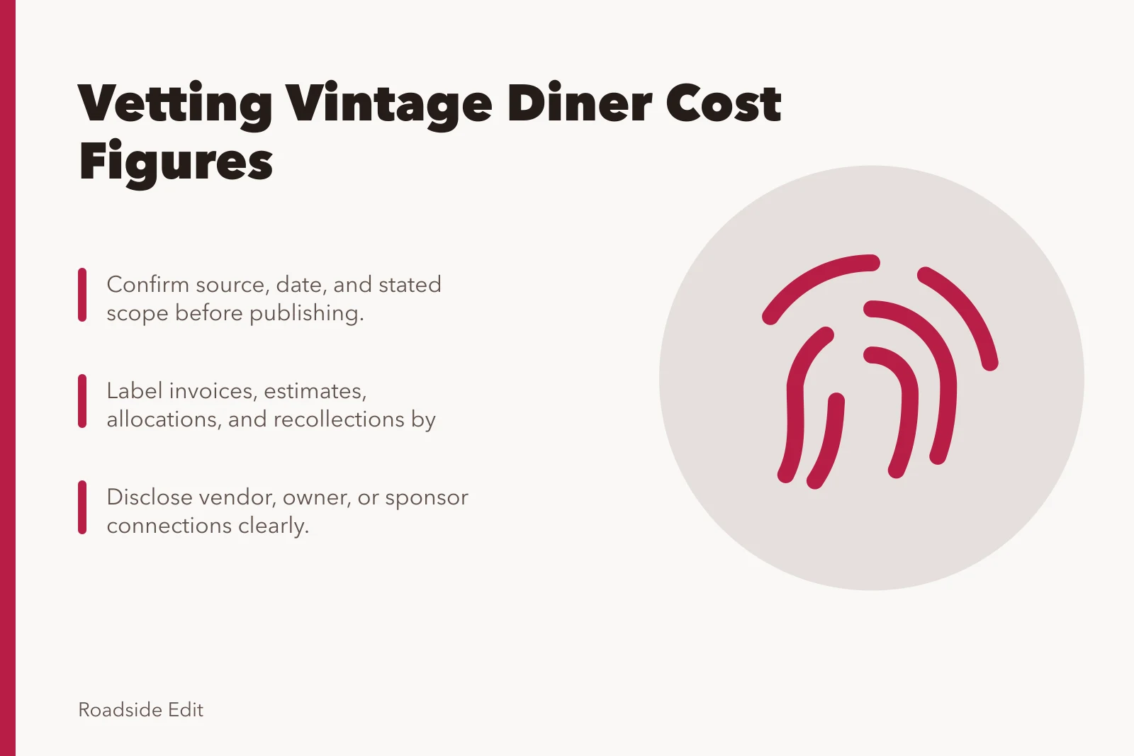 Checklist card for verifying vintage diner cost figures and sources. Before you publish vintage diner cost figures, run this scope checklist