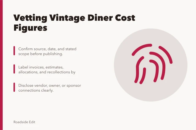 Checklist card for verifying vintage diner cost figures and sources. Before you publish vintage diner cost figures, run this scope checklist