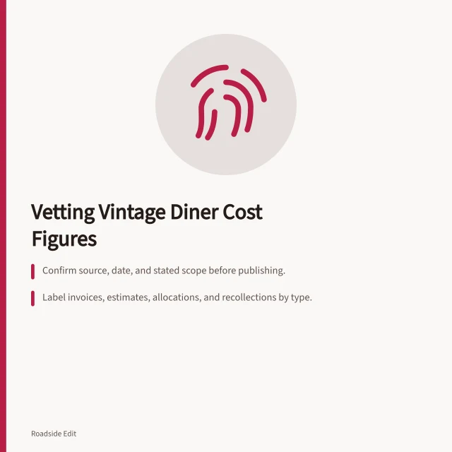 Checklist card for verifying vintage diner cost figures and sources. Before you publish vintage diner cost figures, run this scope checklist