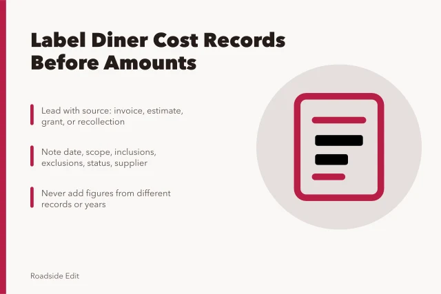 Card on labeling vintage diner cost records before quoting amounts. How to keep vintage diner interior budget notes accurate