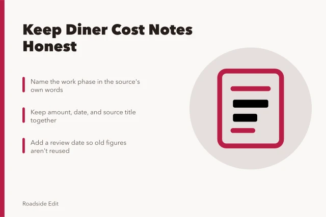Card on keeping vintage diner cost notes sourced and dated. How to keep vintage diner interior care budget notes honest and sourced