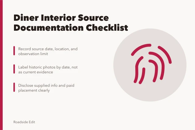 Checklist for documenting vintage diner interior sources and photo limits. Vintage diner interior care checklist: how to document sources and photo limits